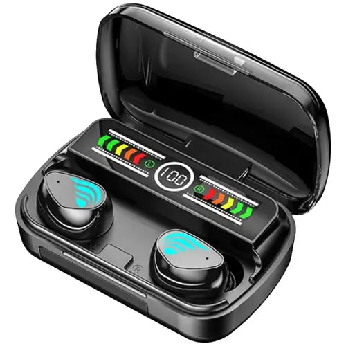 A pair of wireless Bluetooth earbuds in black color, displayed inside their charging case with a digital battery level indicator.