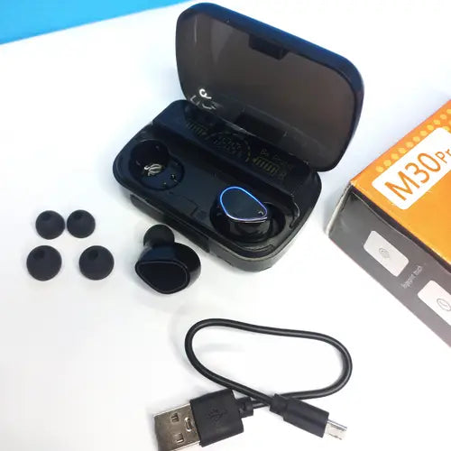 A set of black M30 Pro TWS wireless earbuds displayed alongside a USB charging cable and a carrying case.