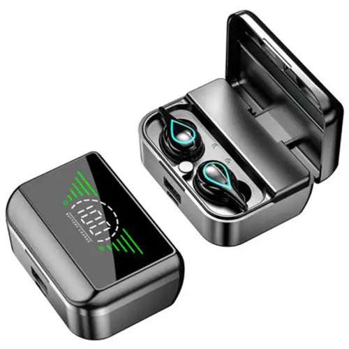 A pair of M31 TWS Wireless Earbuds wireless earbuds in black color, with a charging case displaying a battery icon graphic.