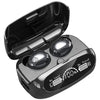 A pair of black M32 TWS Wireless Bluetooth Earbuds with a charging case displaying battery percentage indicators.2
