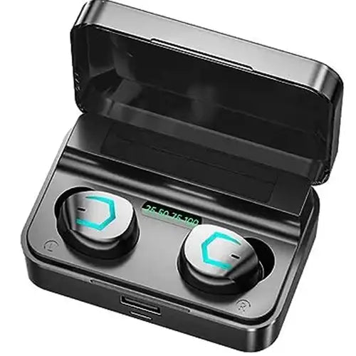 A pair of wireless earbuds in black color, with a charging case open, displaying the earbuds inside.