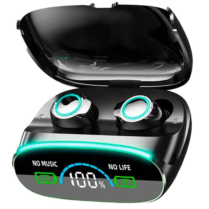 A pair of M38 Wireless Gaming Earbuds with a charging case, displaying a digital battery percentage on the case's front.