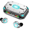 Wireless earbuds with a charging case, the earbuds are black with a blue light around the ear hook, and the case has a digital number 18 on it. M43 Gaming Wireless ENC Earbuds