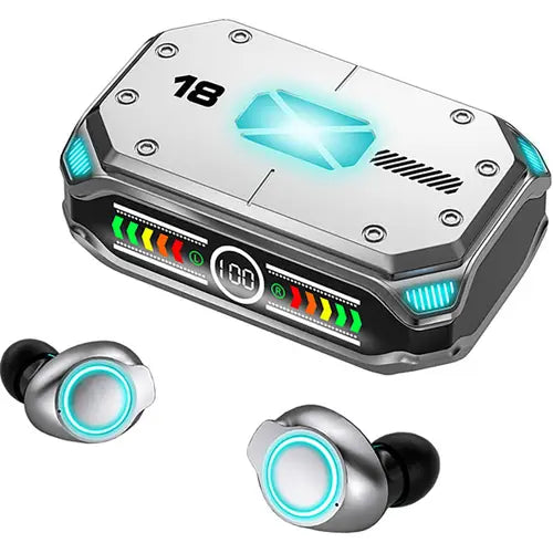 Wireless earbuds with a charging case, the earbuds are black with a blue light around the ear hook, and the case has a digital number 18 on it. M43 Gaming Wireless ENC Earbuds