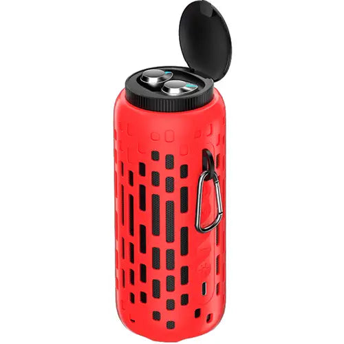 A red and black M47 Wireless Earphone Plus Bluetooth Speaker, closed case, and a carabiner clip attached to it.