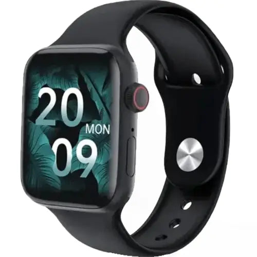 A black M7 pro smart watch with a black band and a digital display showing the time as 20:09 on a green leafy background.
