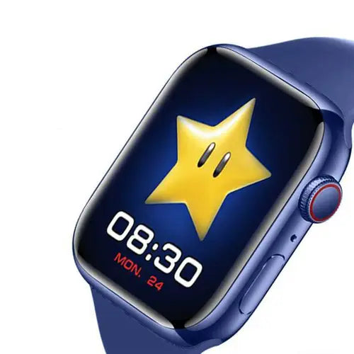 M7 pro smart watch with a blue band and a digital display showing the time as 20:09 on a green leafy background.