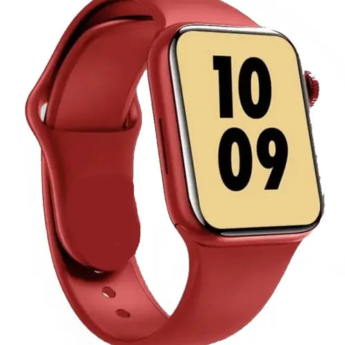 A red M7 pro smart watch with a red band and a digital display showing the time as 10:09 on a green leafy background.