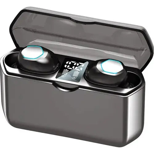 True wireless earbuds in a black charging case, with the case lid open. M8 True Wireless Earbuds
