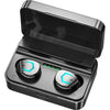 A pair of wireless Bluetooth earbuds in black color, placed inside an open charging case.