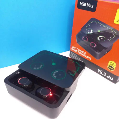 A pair of M90 Max TWS Wireless Earbuds with a charging case, displayed on a blue surface, with the product packaging box visible in the background.