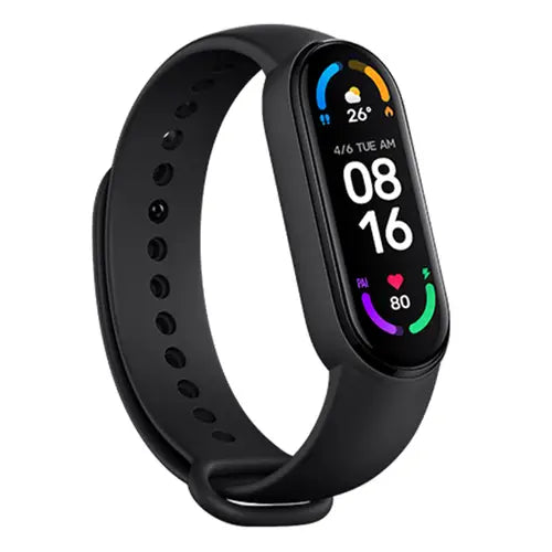 MI Band 6 Black smartwatch with a colorful display on a white background