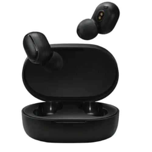 A pair of black MI true wireless earbuds basic 2 with the charging case open.