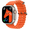 mt8 ultra A digital smart watch with a orange band and case, featuring a colorful display showing a horse and various abstract shapes.