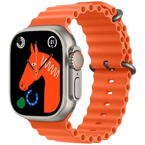 mt8 ultra A digital smart watch with a orange band and case, featuring a colorful display showing a horse and various abstract shapes.