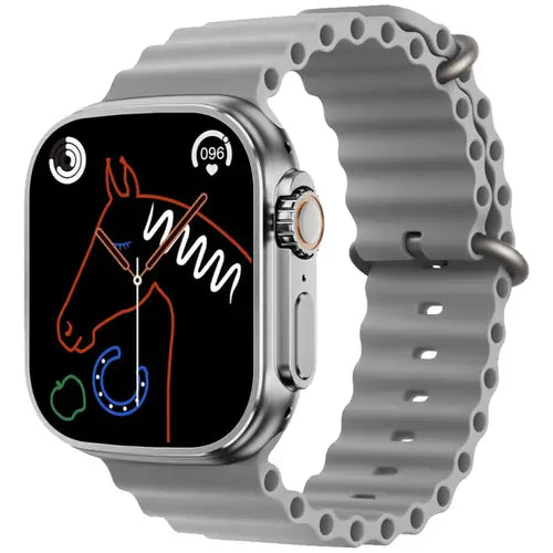 mt8 ultra A digital smart watch with a whitish band and case, featuring a colorful display showing a horse and various abstract shapes.