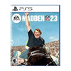 This image features the cover art for the game Madden NFL 23 – PS5. The cover prominently displays a cheerful male character in a football uniform, striking a celebratory pose with his arms raised.