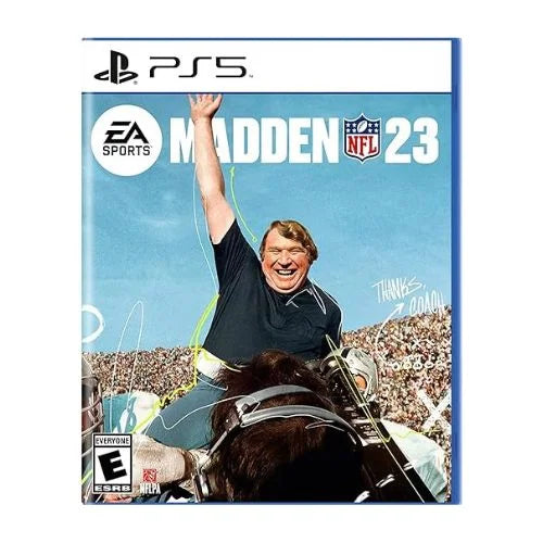 This image features the cover art for the game Madden NFL 23 – PS5. The cover prominently displays a cheerful male character in a football uniform, striking a celebratory pose with his arms raised.