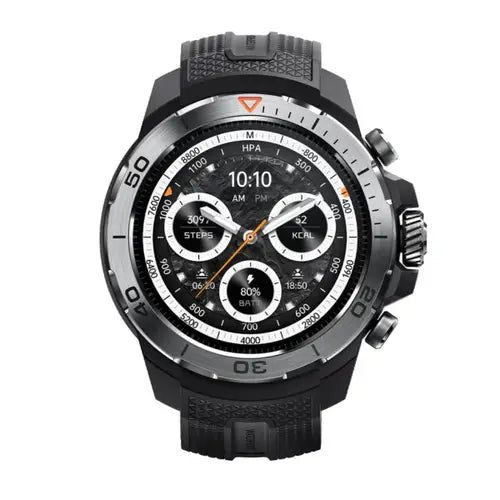 A Mibro GS Explorer Smart Watch with a green band and case, featuring a black dial with white and green hands and markers.