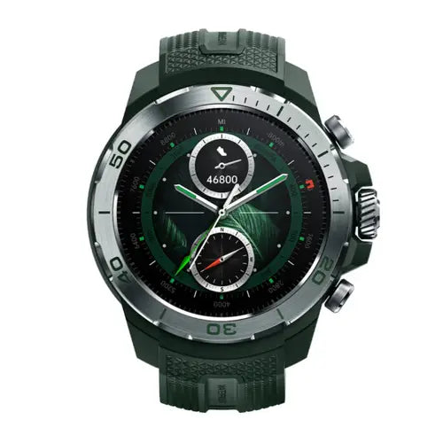 A Mibro GS Explorer Smart Watch with a green band and case, featuring a black dial with white and green hands and markers.