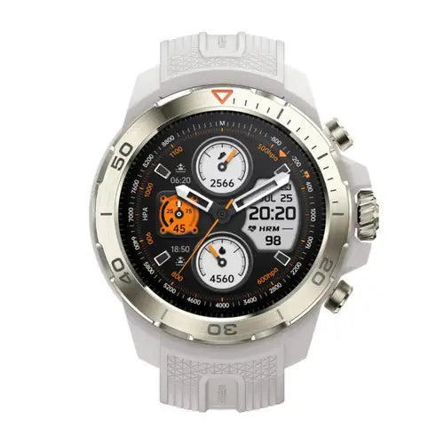 A Mibro GS Explorer Smart Watch with a white band and case, featuring a black dial with white and green hands and markers.