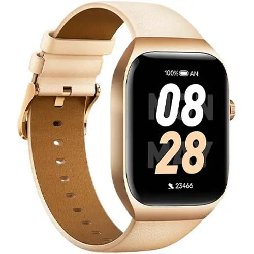 A gold-colored Mibro Smart Watch T2 with a brown strap and a digital display showing time and battery percentage.