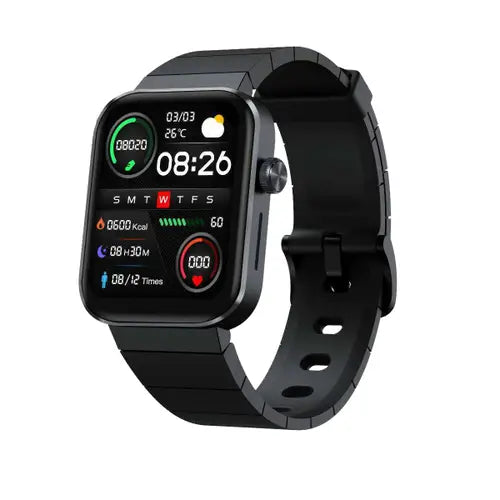 A Mibro T1 Smart Watch with a black band and black case, displaying time and various smart notifications on its screen.