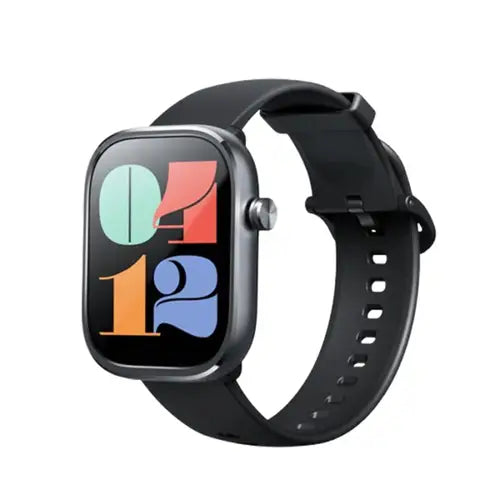 A black Mibro Watch C4 with a white band and a colorful digital display.