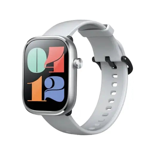 A silver Mibro Watch C4 with a white band and a colorful digital display.