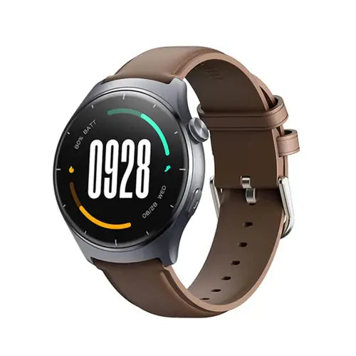 A Mibro Watch Lite 3 With Dual Strap with a brown leather strap and a silver-colored case. The watch face displays time and various smart watch notifications.