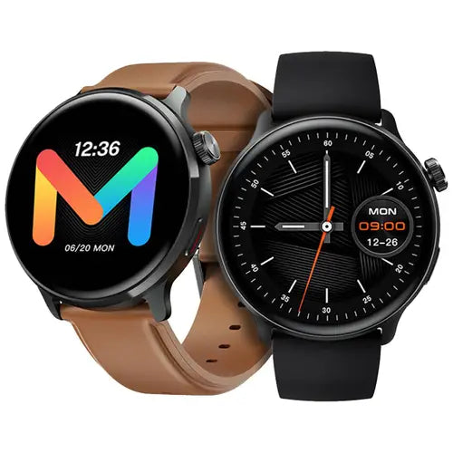 Two Mibro smartwatches, one with a black band and black case, and another with a brown band and black case, displayed against a white background.