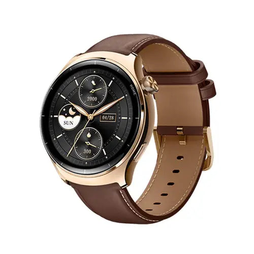 A green Mibro Watch Lite 3 Pro smartwatch with a black case and a brown leather strap.