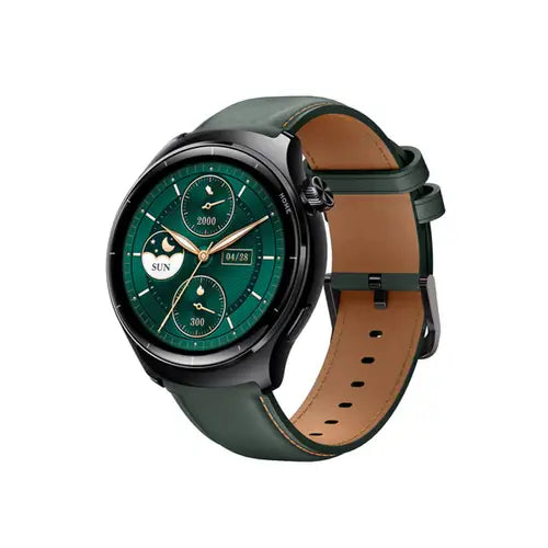 A green Mibro Watch Lite 3 Pro smartwatch with a black case and a brown leather strap.