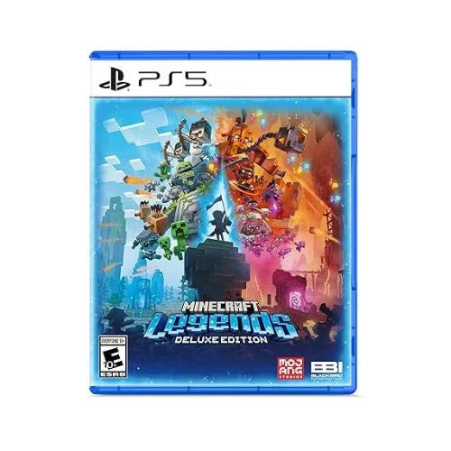 A PS5 game case for 'Minecraft Legends Deluxe Edition PS5' featuring colorful artwork of characters and scenes from the game.
