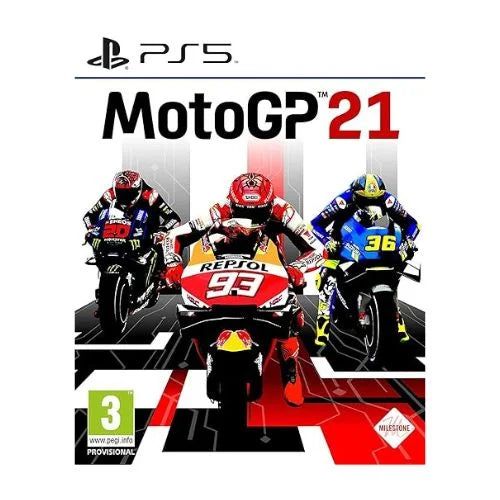 A game MotoGP 21 PS5 cover featuring illustrated motorcycle racers in mid-action.