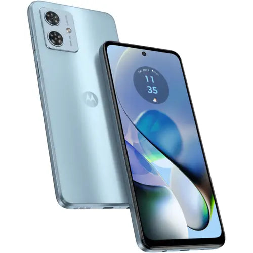 A glacier blue Motorola Moto G54 5G smartphone shown from the back with its camera module visible, and the front screen displaying the time and a colorful wallpaper.