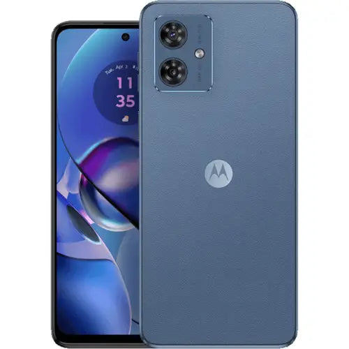 A indigo blue Motorola Moto G54 5G smartphone shown from the back with its camera module visible, and the front screen displaying the time and a colorful wallpaper.