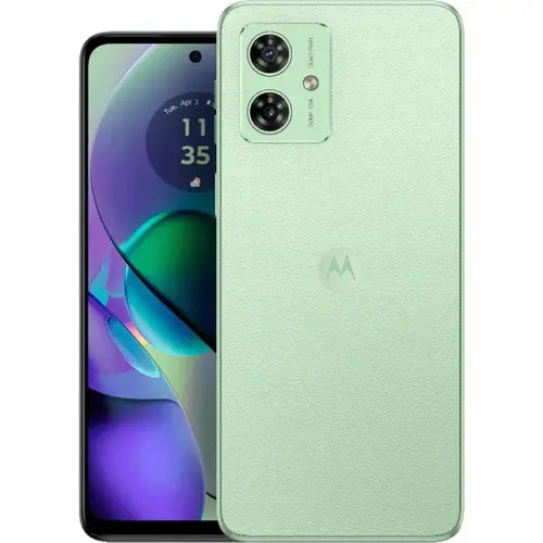 A mint Motorola Moto G54 5G smartphone shown from the back with its camera module visible, and the front screen displaying the time and a colorful wallpaper.