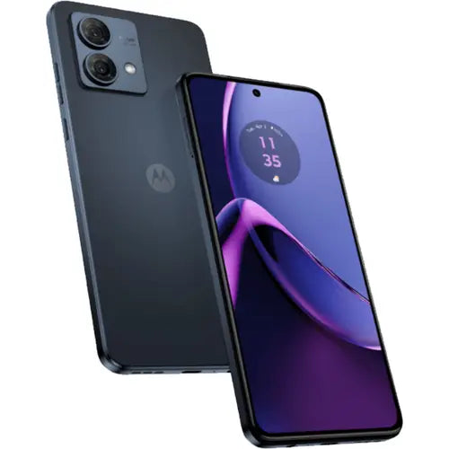 A Motorola Moto G84 5G smartphone in midnight blue color, showing the front screen display and the rear camera setup.