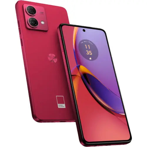 A Motorola Moto G84 5G smartphone in Viva Magenta color, showing the front screen display and the rear camera setup.