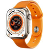 N8 Ultra digital smart watch with a orange band and a silver case. The watch face displays various colorful metrics and indicators.