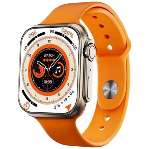 N8 Ultra digital smart watch with a orange band and a silver case. The watch face displays various colorful metrics and indicators.