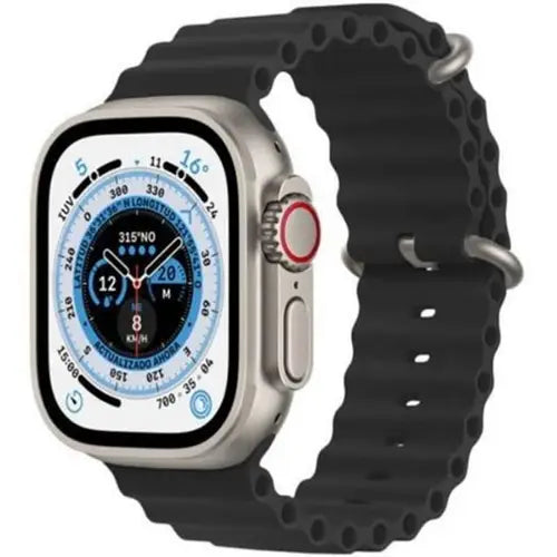 N9 Ultra Pro digital smart watch with a black silicone band and a silver metal case. The watch face displays time, date, and various smart notifications.