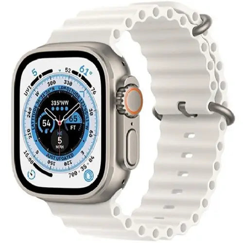 N9 Ultra Pro digital smart watch with a white silicone band and a silver metal case. The watch face displays time, date, and various smart notifications.