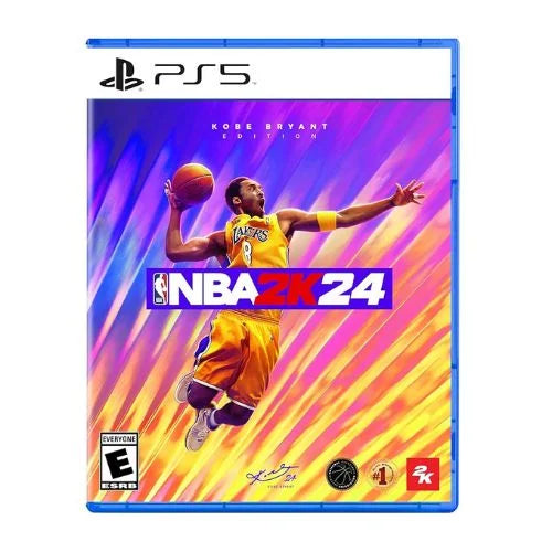 This image features the cover art for the PlayStation 5 game NBA 2K24. The cover prominently displays a vibrant, action-oriented image of Kobe Bryant in his iconic yellow jersey, mid-dribble against a abstract, multicolored background that combines purple, blue, and yellow.