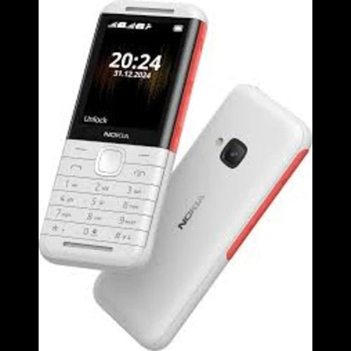 Nokia 5310 2024 in white color mobile phone displayed in two angles, front and back, showing the time on the screen and the keypad.