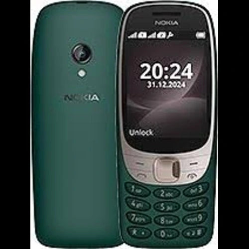 Nokia 6310 2024 in green color mobile phone displayed in two different angles showing the front and back view.