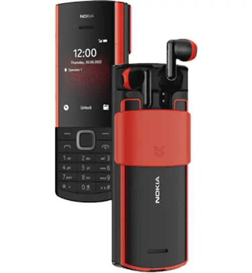 Nokia 5710 Xpress Audio mobile phone in red and black color with a slide-out keypad and a single earpiece attached to the side.