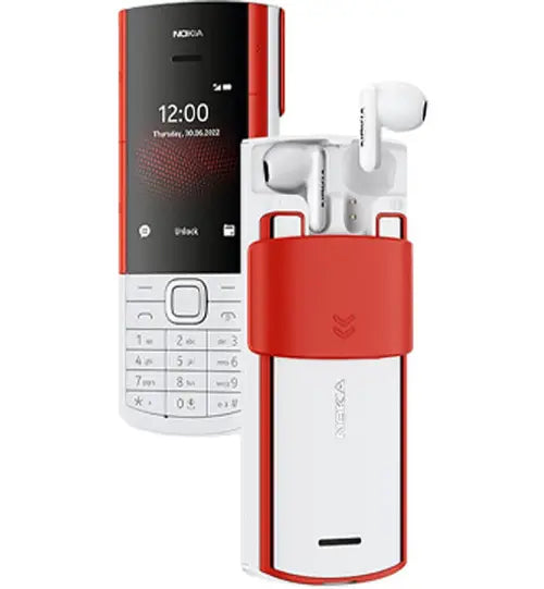 Nokia 5710 Xpress Audio mobile phone in red and white color with a slide-out keypad and a single earpiece attached to the side.