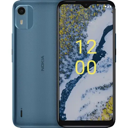 Nokia C12 Pro smartphone in Dark Cyan color with the screen displaying the time.